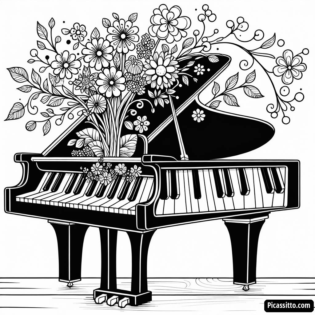 Grand Piano with Colorful Flowers Coloring Page