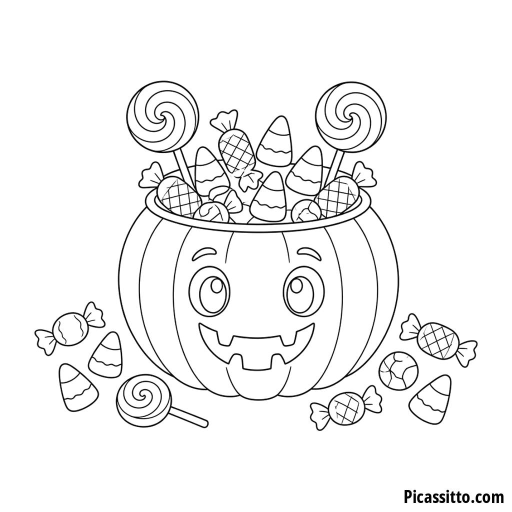 Ausmalbild Halloween: Kürbiseimer mit Süßigkeiten