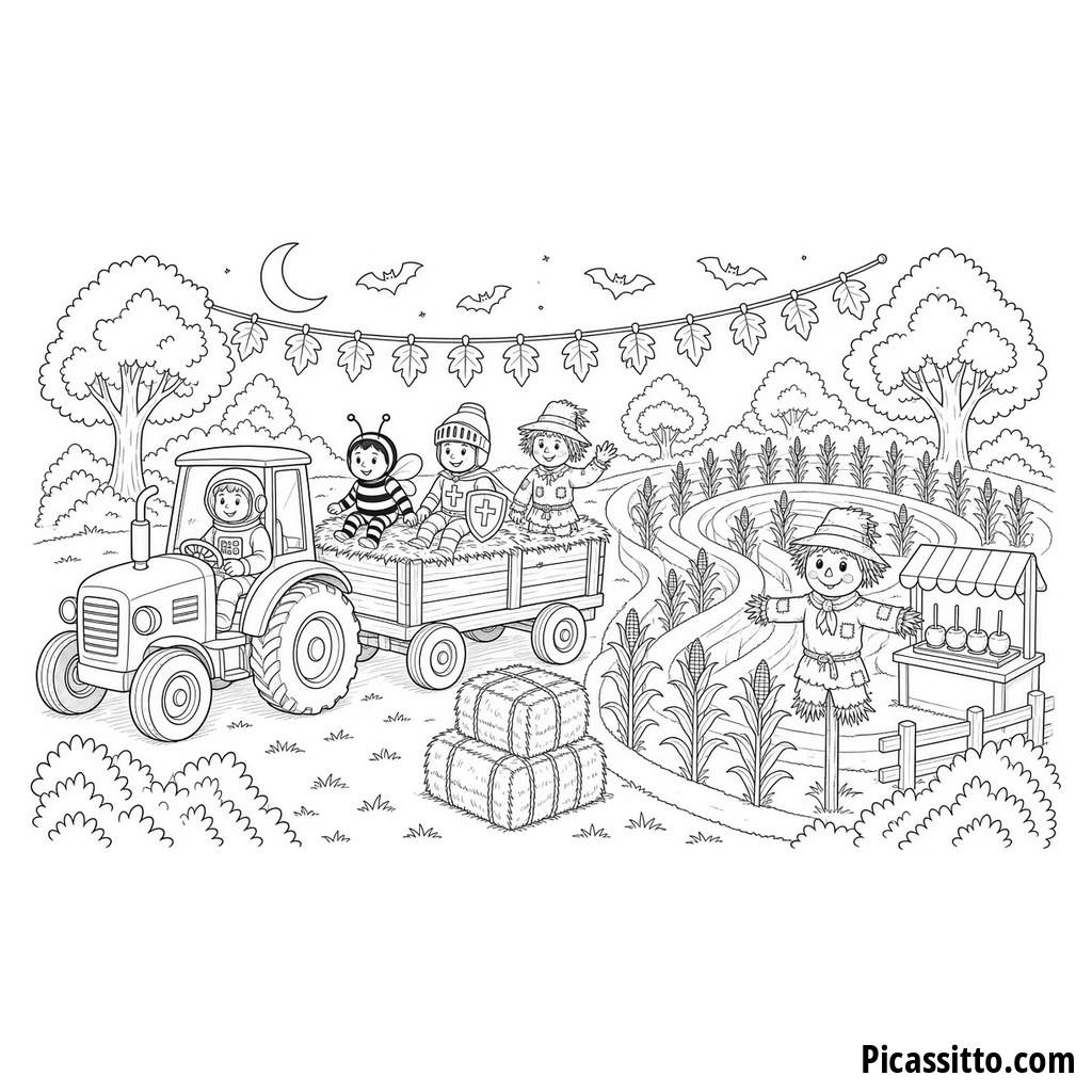 Desenho para colorir passeio de carroça de feno no labirinto de milho no Halloween