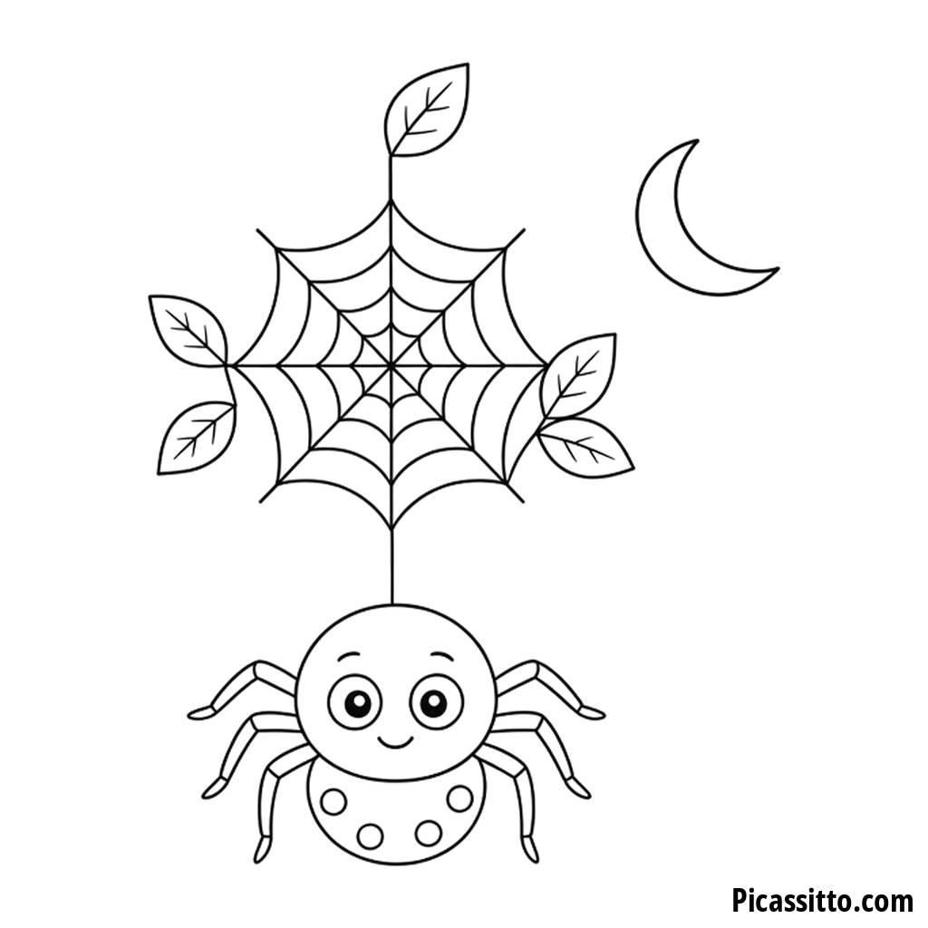 Ausmalbild Halloween: Spinnennetz mit lächelnder Spinne