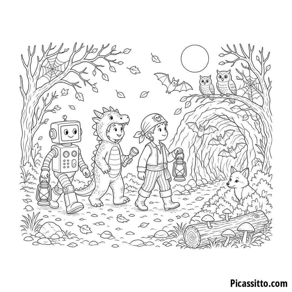 Disegno da colorare passeggiata notturna nel bosco di Halloween