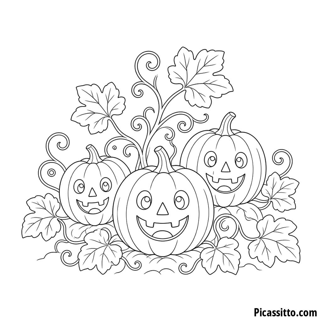 Ausmalbild Halloween: Kürbisbeet mit Kürbislaternen