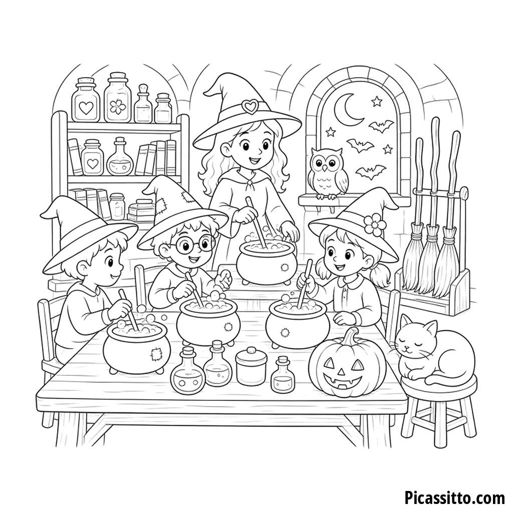 Halloween-Hexen-Zaubertrankunterricht Ausmalbild