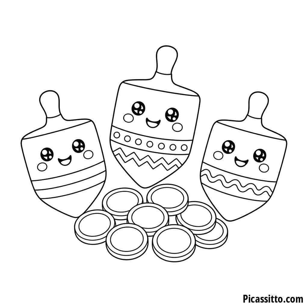 Ausmalbild Chanukka: Dreidel und Schokomünzen