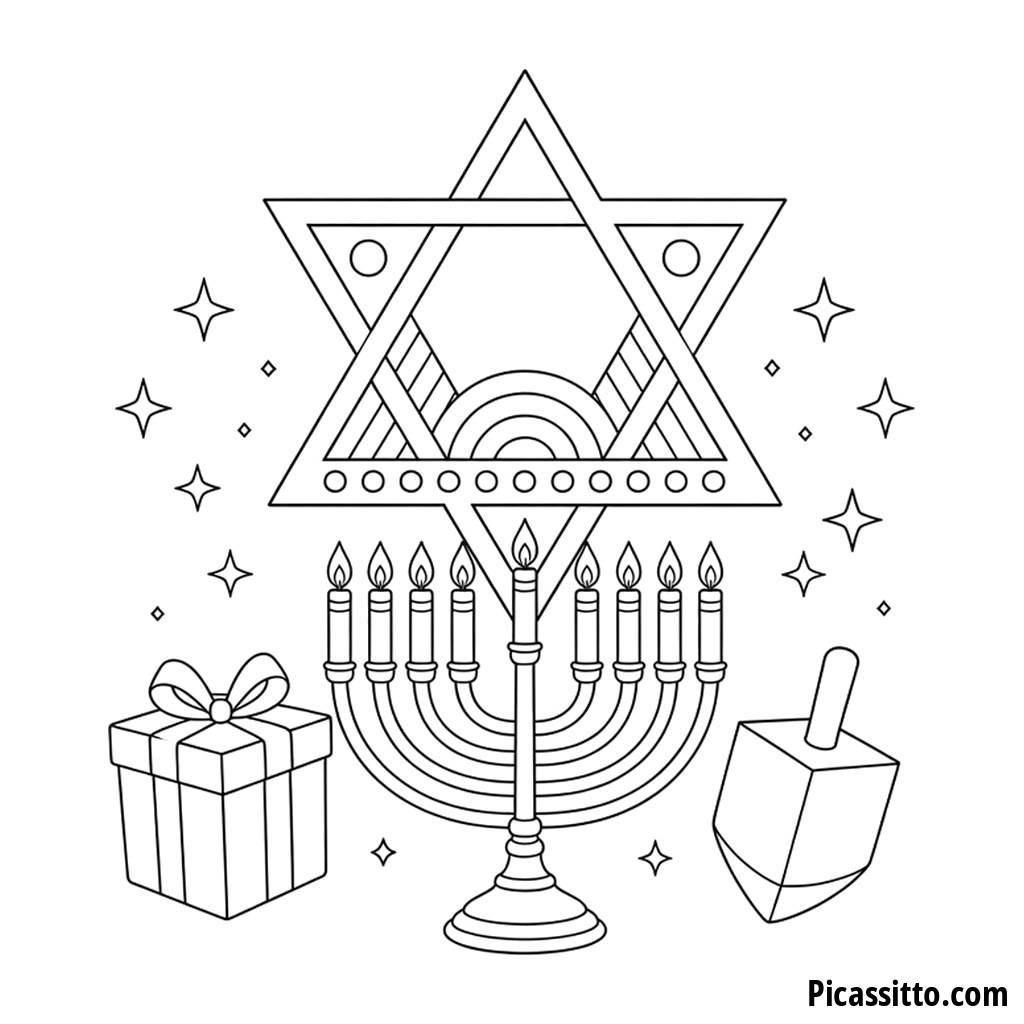 Estrella de David, menorá y regalos de Janucá para colorear