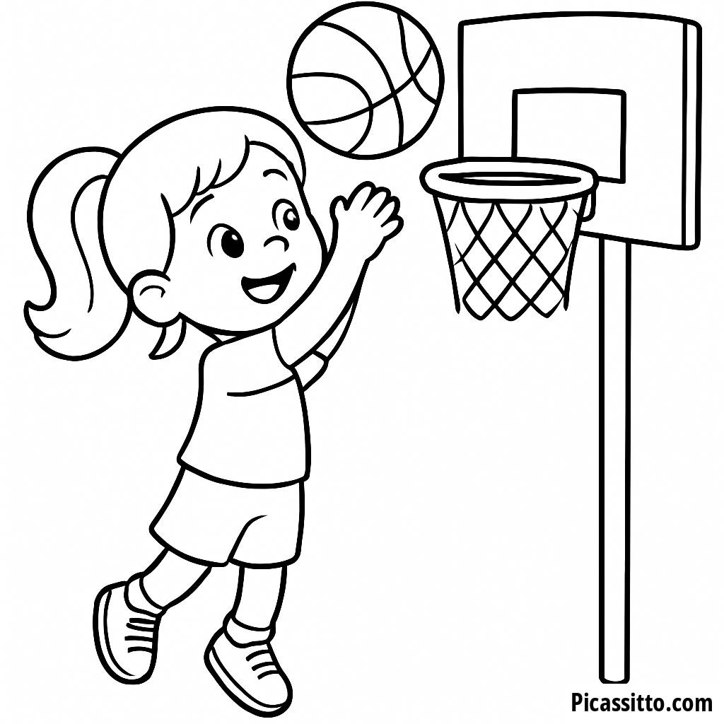 Página para Colorir de uma Menina Arremessando uma Bola de Basquete