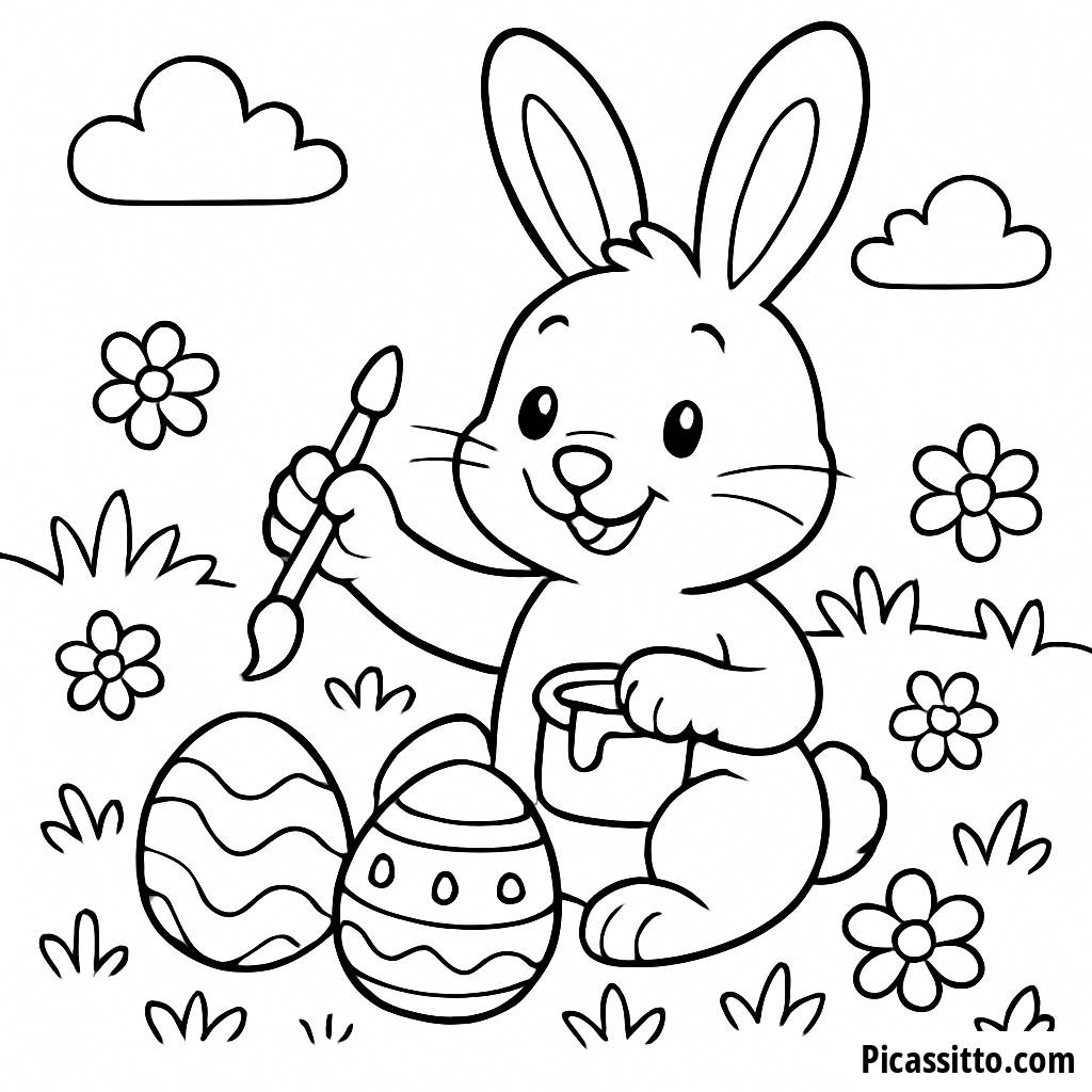 Fröhlicher Hase beim Eiermalen Ausmalbild
