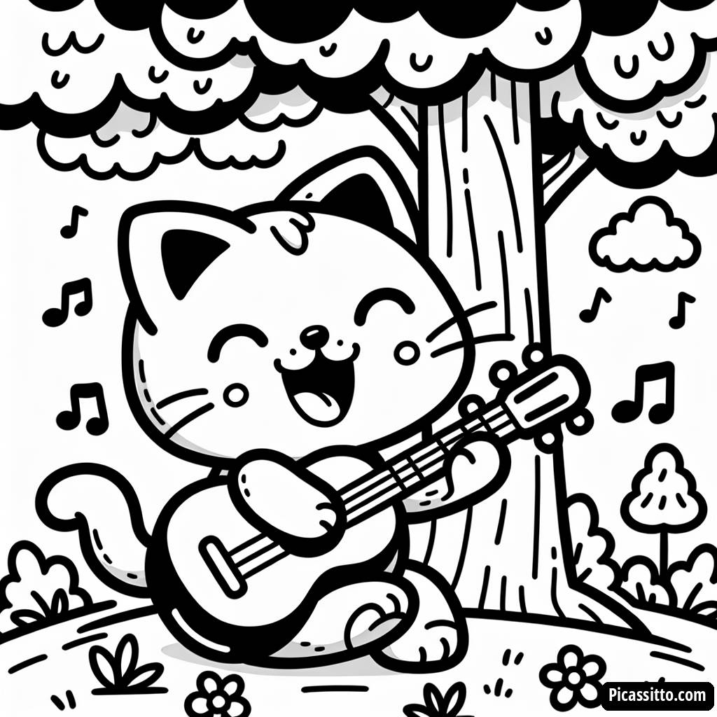 Pagina da Colorare del Gatto Felice con Chitarra