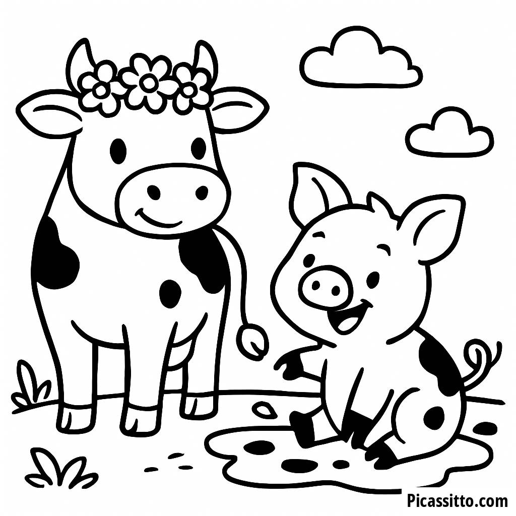 Happy Cow and Playful Pig Coloring Page