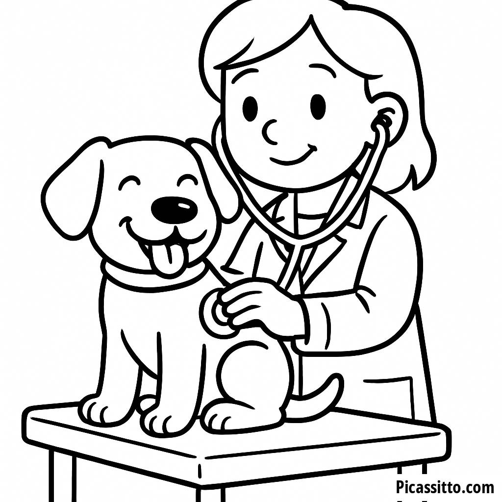Ausmalbild: Glücklicher Hund beim Tierarzt