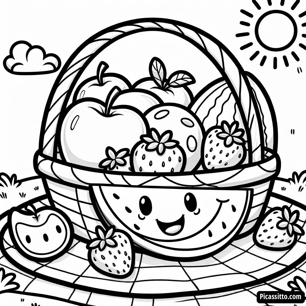 Página para Colorear de la Alegre Canasta de Frutas