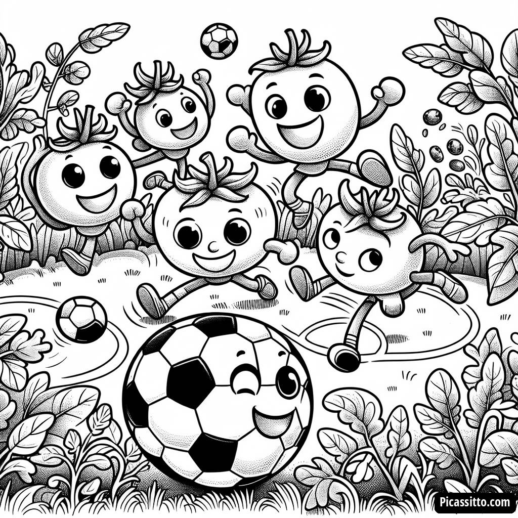 Pagina da Colorare di Pomodori Felici che Giocano a Calcio