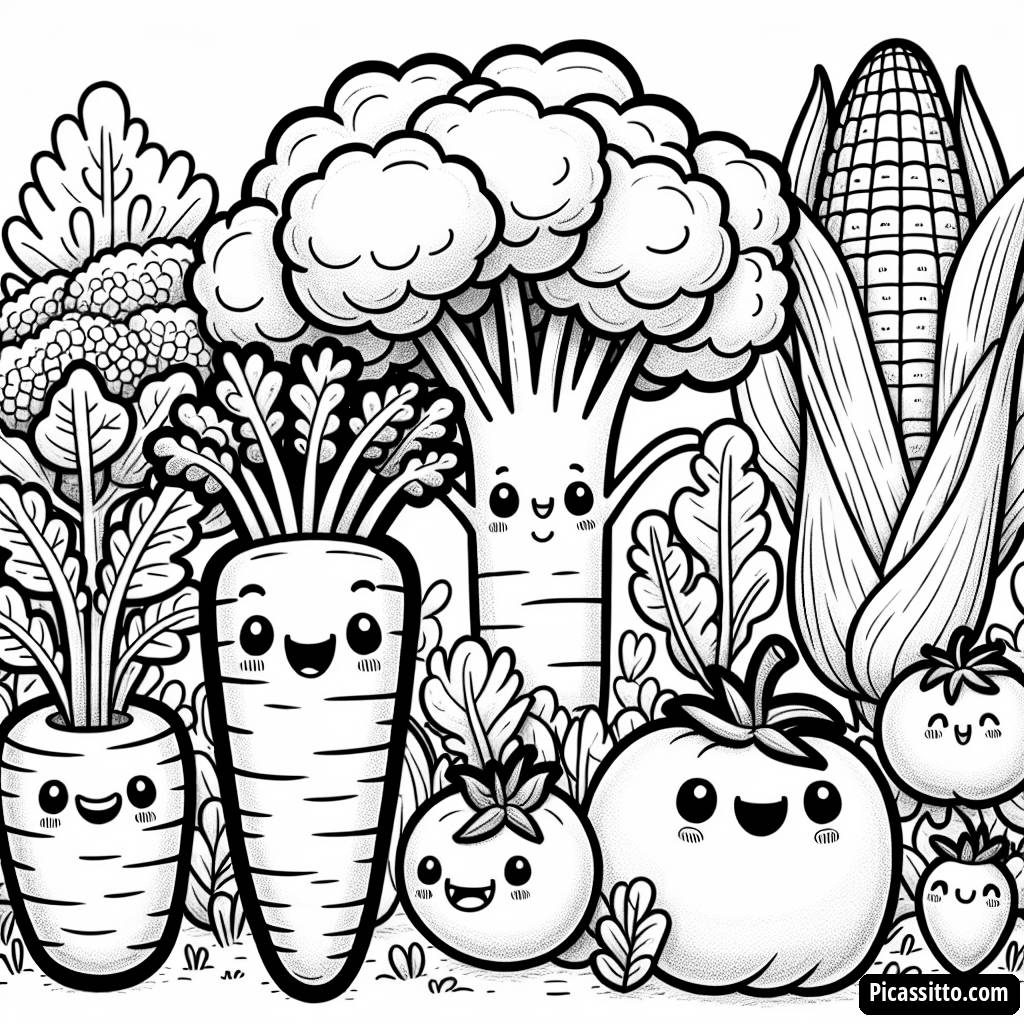 Fröhlicher Gemüsegarten Malbuchseite