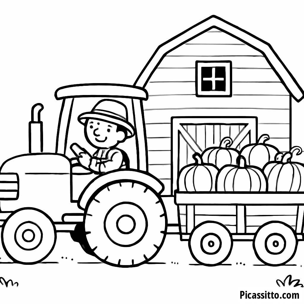 Página para Colorear de Diversión en la Cosecha - Tractor y Calabazas