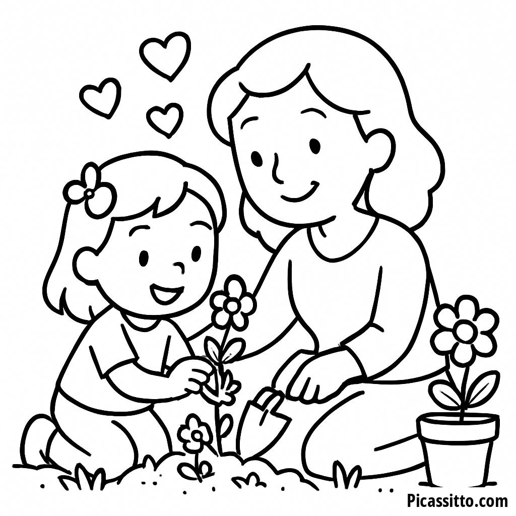 Heartfelt Mother's Day Coloring Page: Planting Flowers Together