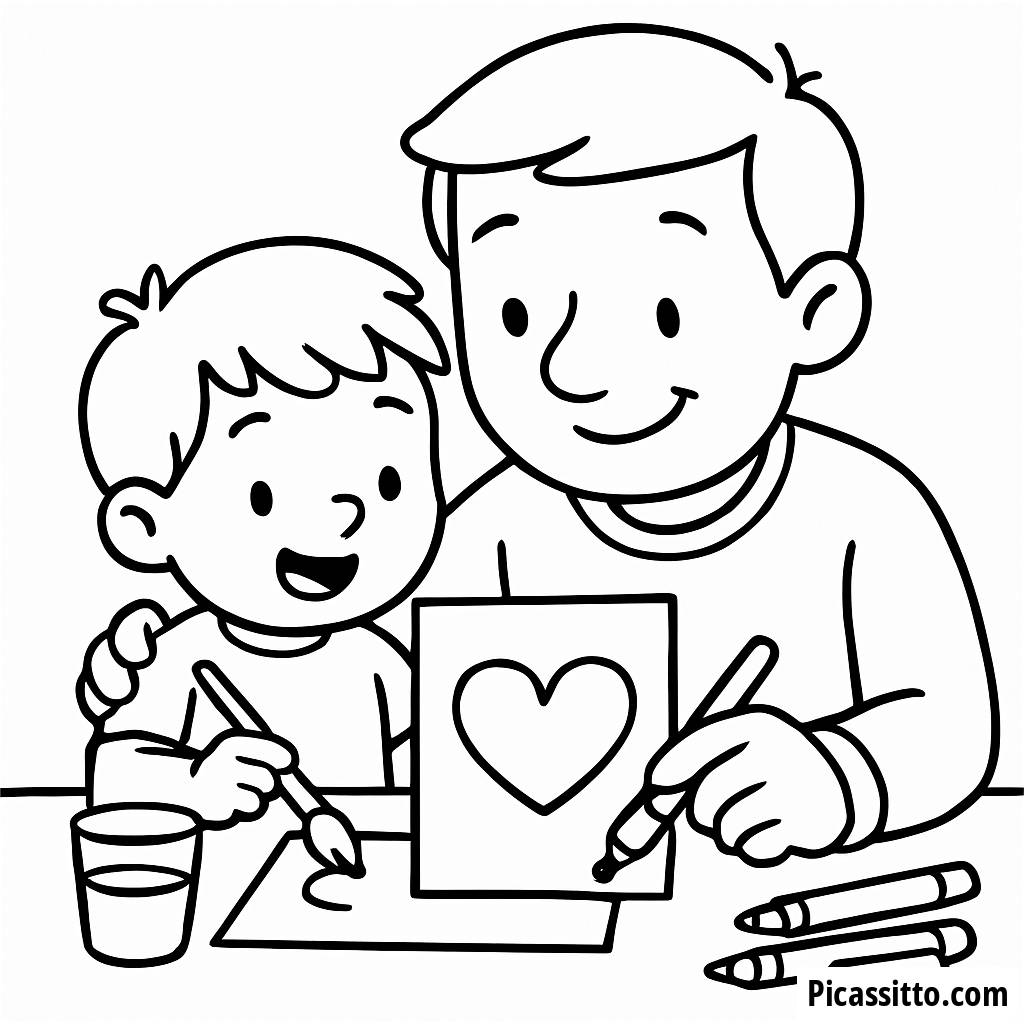 Pagina da Colorare per la Festa del Papà: Papà e Bambino Che Dipingono Insieme