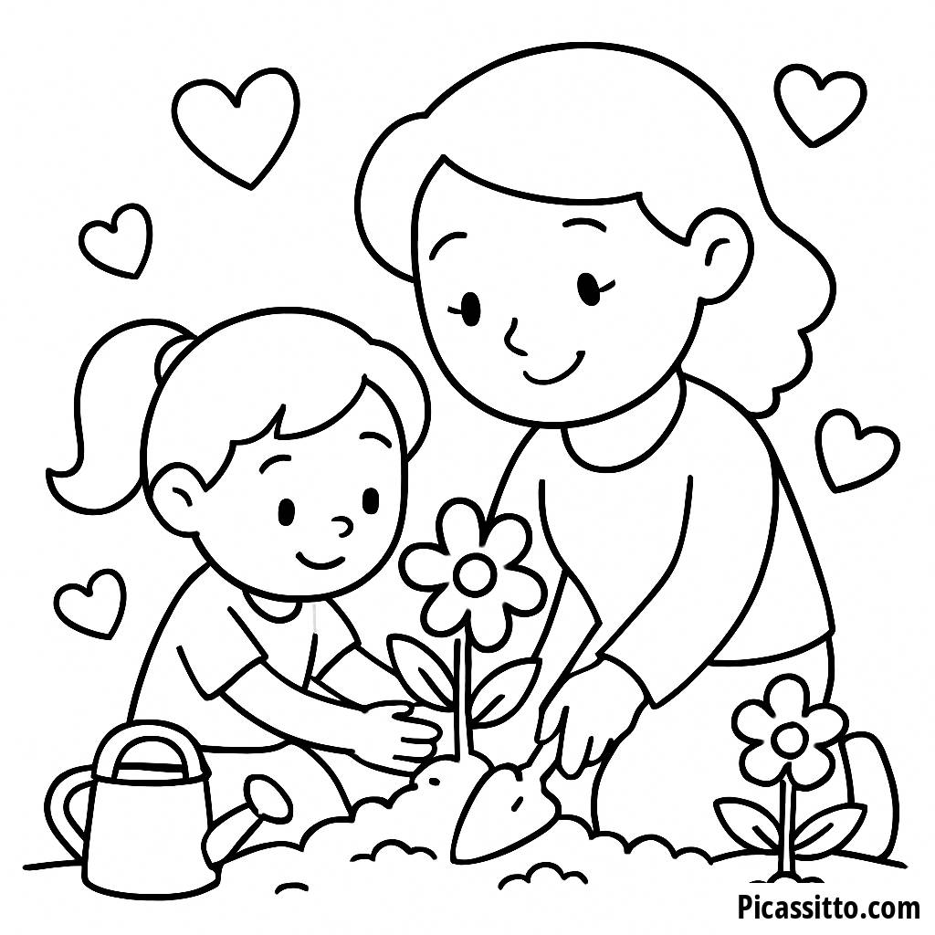 Página de Colorir: Mãe e Filho Plantando Flores
