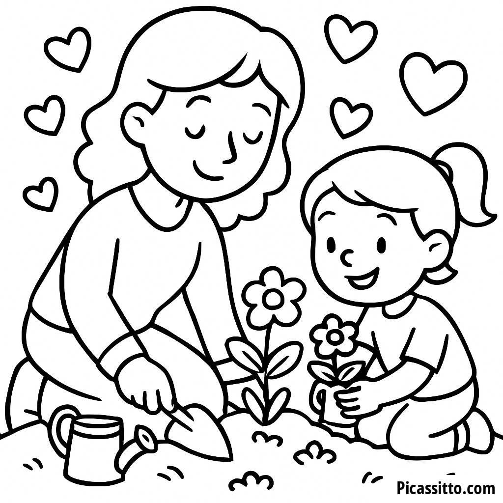 Ausmalbild zum Muttertag: Mama und Kind Pflanzen Blumen