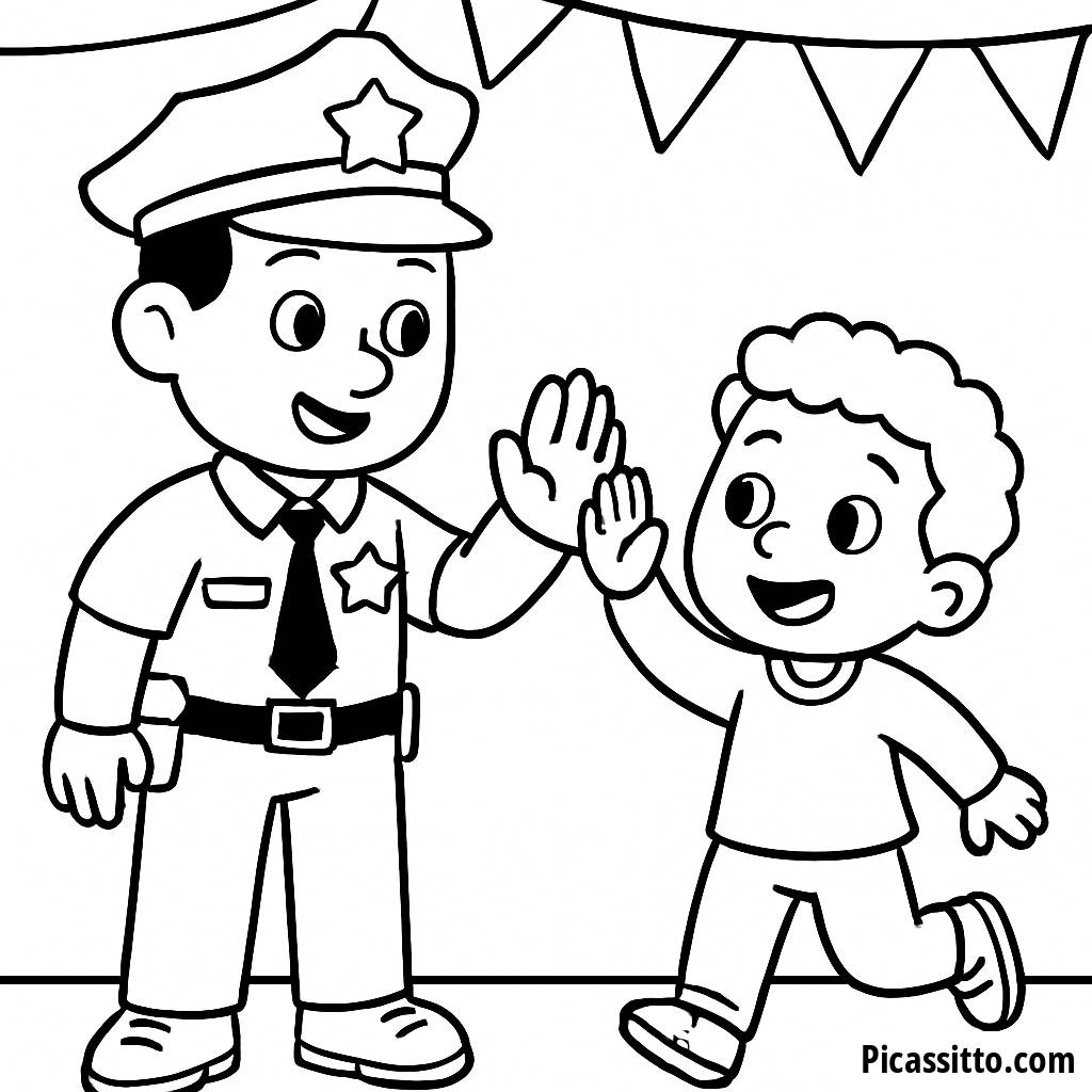 Página para Colorear: Policía Dando un Choca esos Cinco con un Niño Feliz