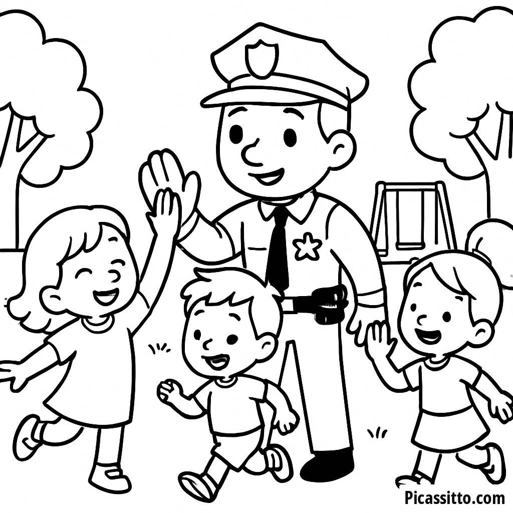 Ausmalbild: Polizei-Gruß mit Kindern im Park