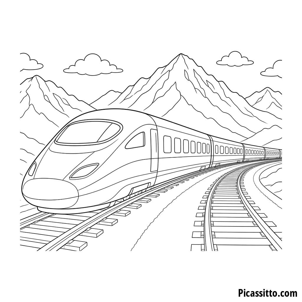 Coloriage train à grande vitesse dans les montagnes