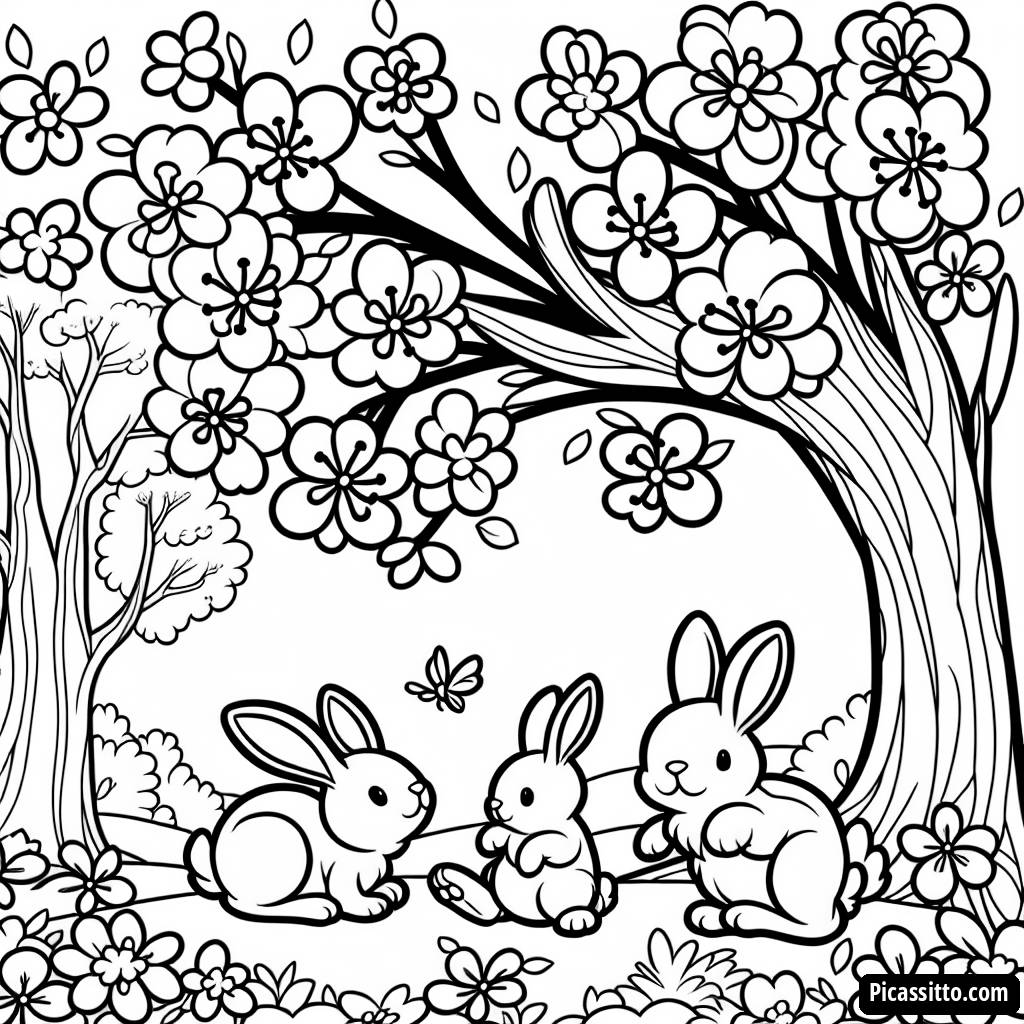 Pagina da Colorare di Coniglietti Primaverili
