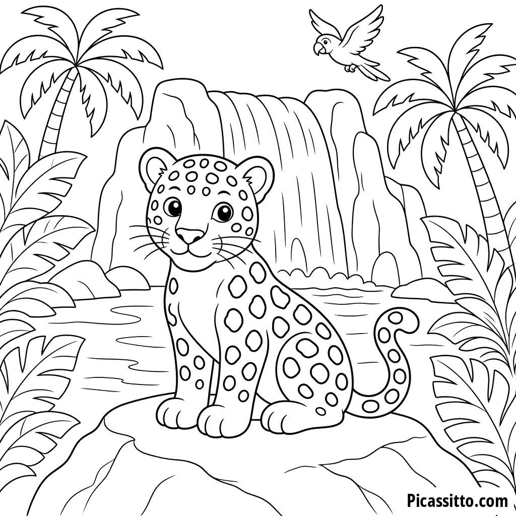 Jaguar by a Rainforest Waterfall Coloring Page