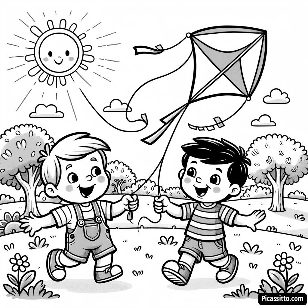 Ausmalbild von JJ und TomTom beim Drachenfliegen