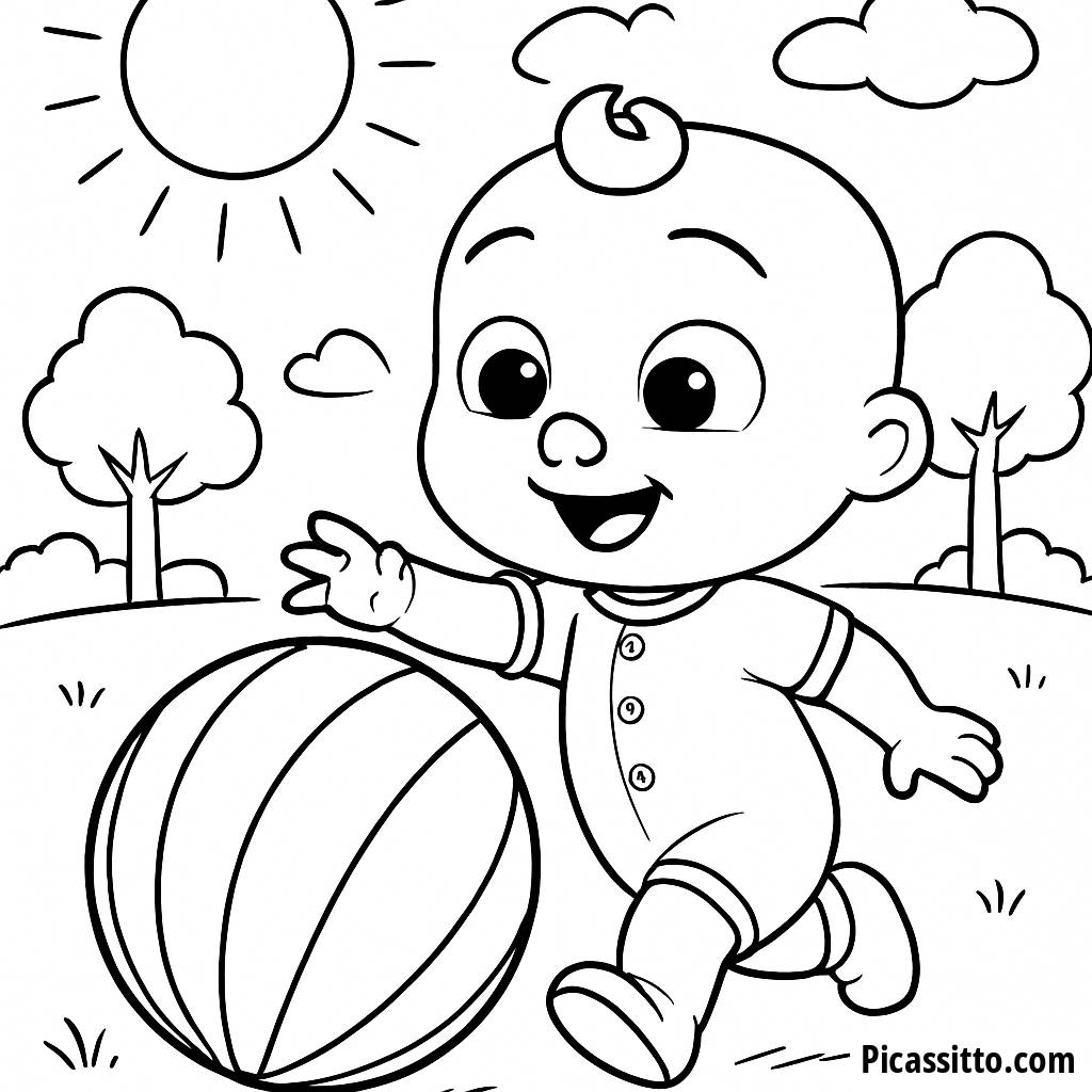 Página para Colorear de JJ Jugando con una Pelota Arcoíris