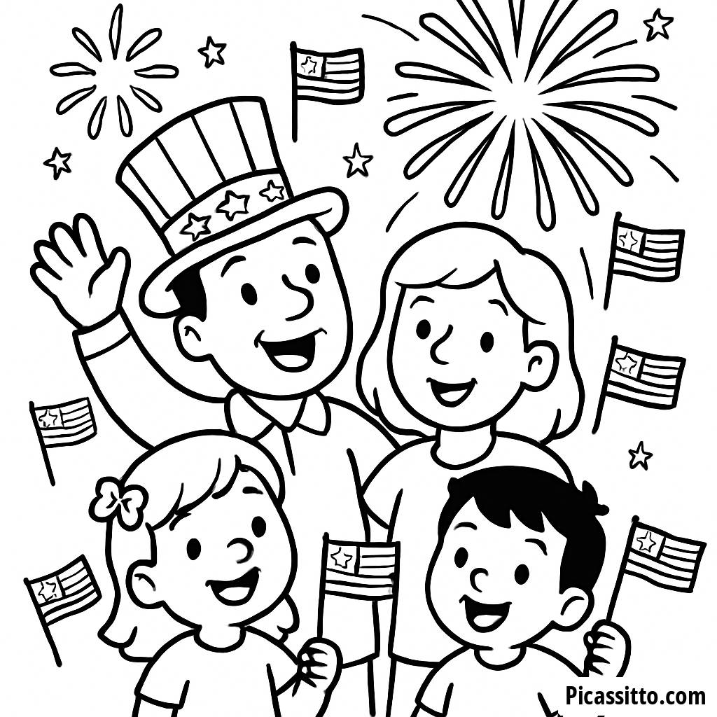 Joyful Family Fireworks Coloring Page