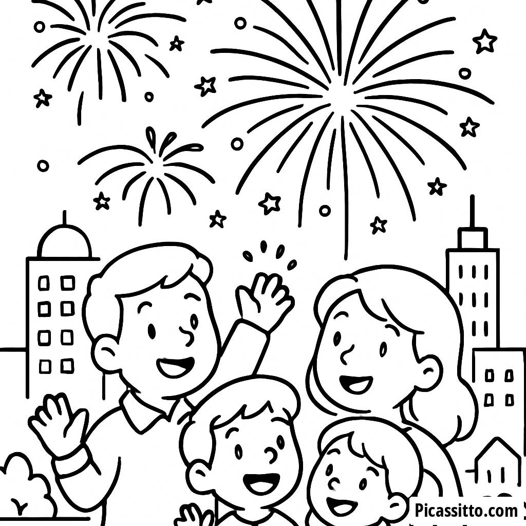 Раскраска Счастливой Семьи, Смотрящей Фейерверк