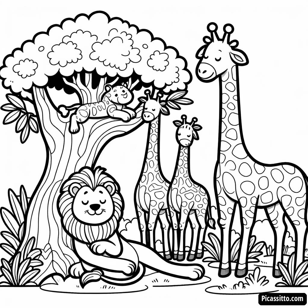 Pagina da Colorare della Giungla: Leone e Giraffe