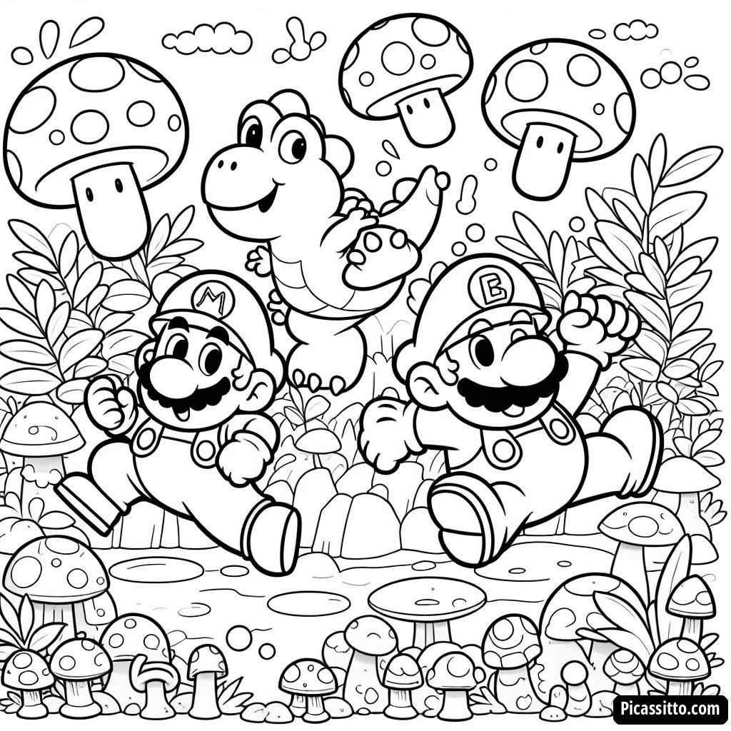 Malvorlage von springendem Mario, Luigi und Yoshi
