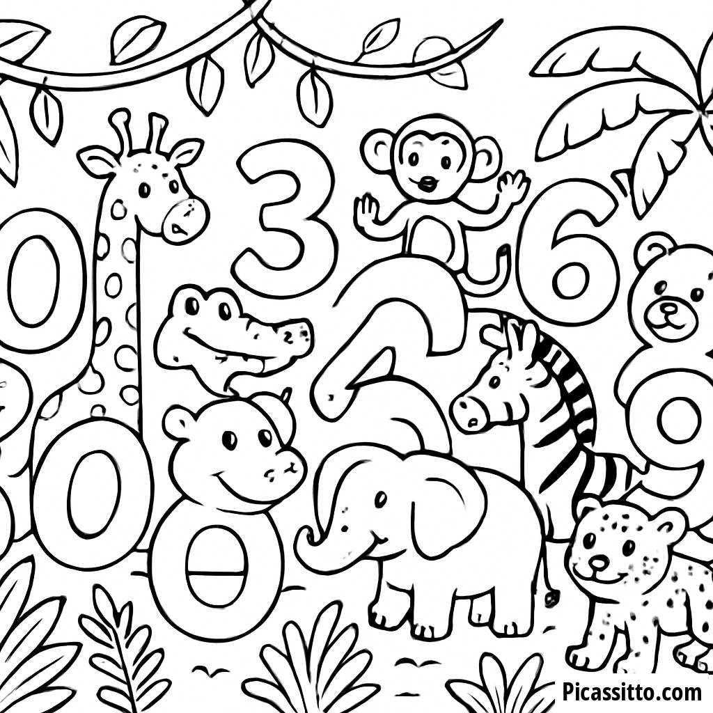 Página para Colorir Números na Selva: Amigos Animais 0-9