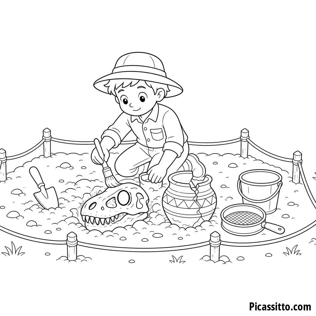 Child Archaeologist at a Dig Site Coloring Page