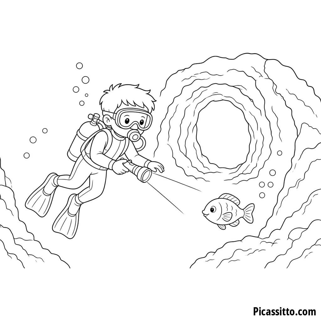 Kid Diver Exploring a Sea Cave Coloring Page