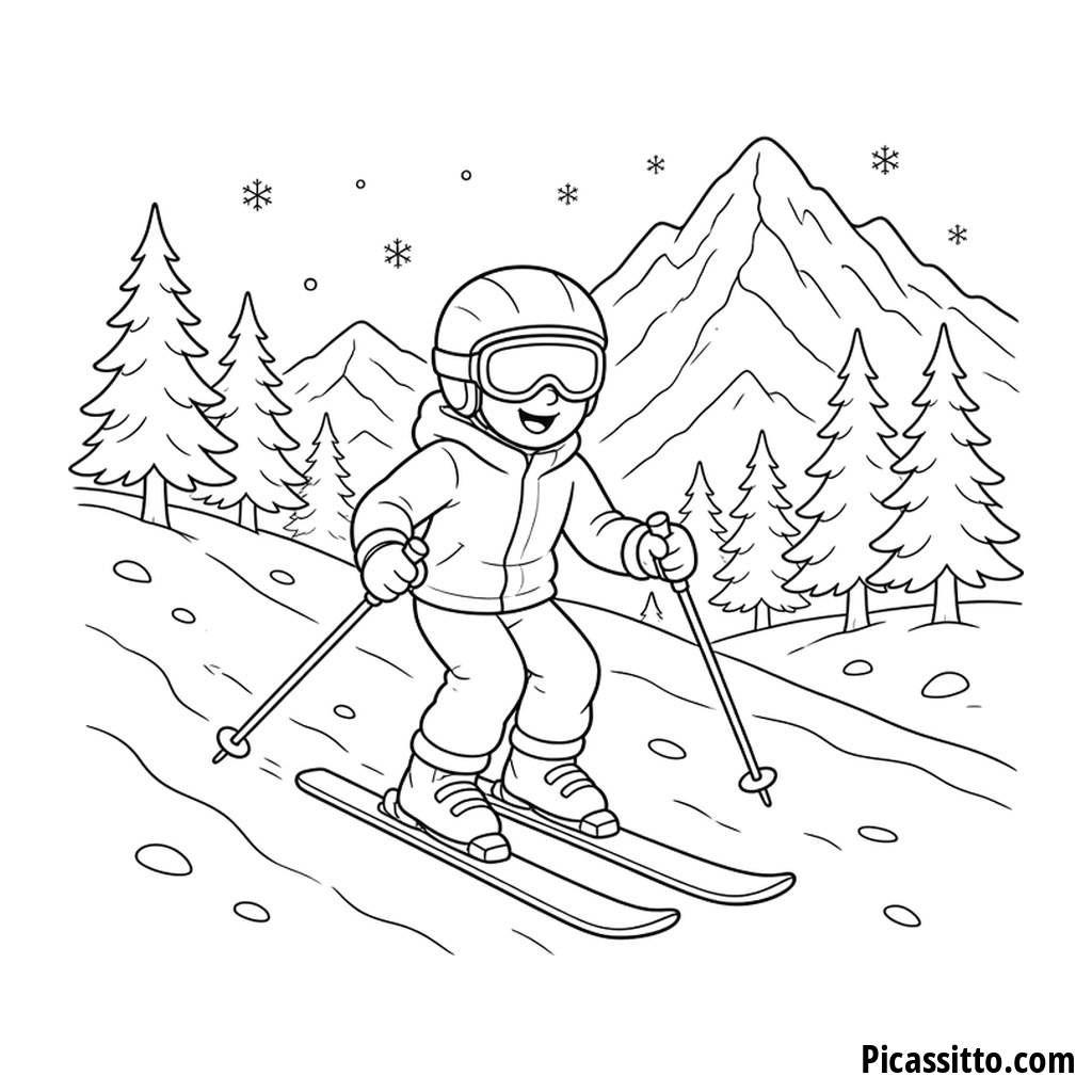 Kid Skiing in the Mountains Coloring Page