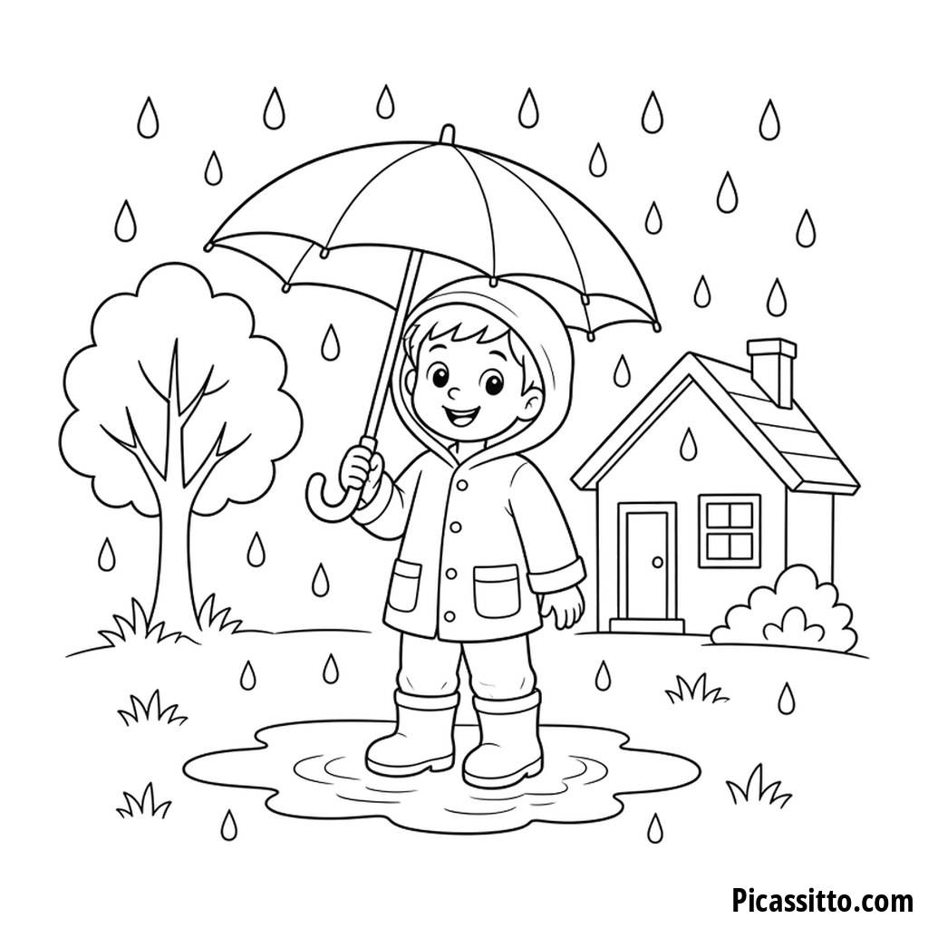 Kid with Umbrella and Rain Boots Coloring Page