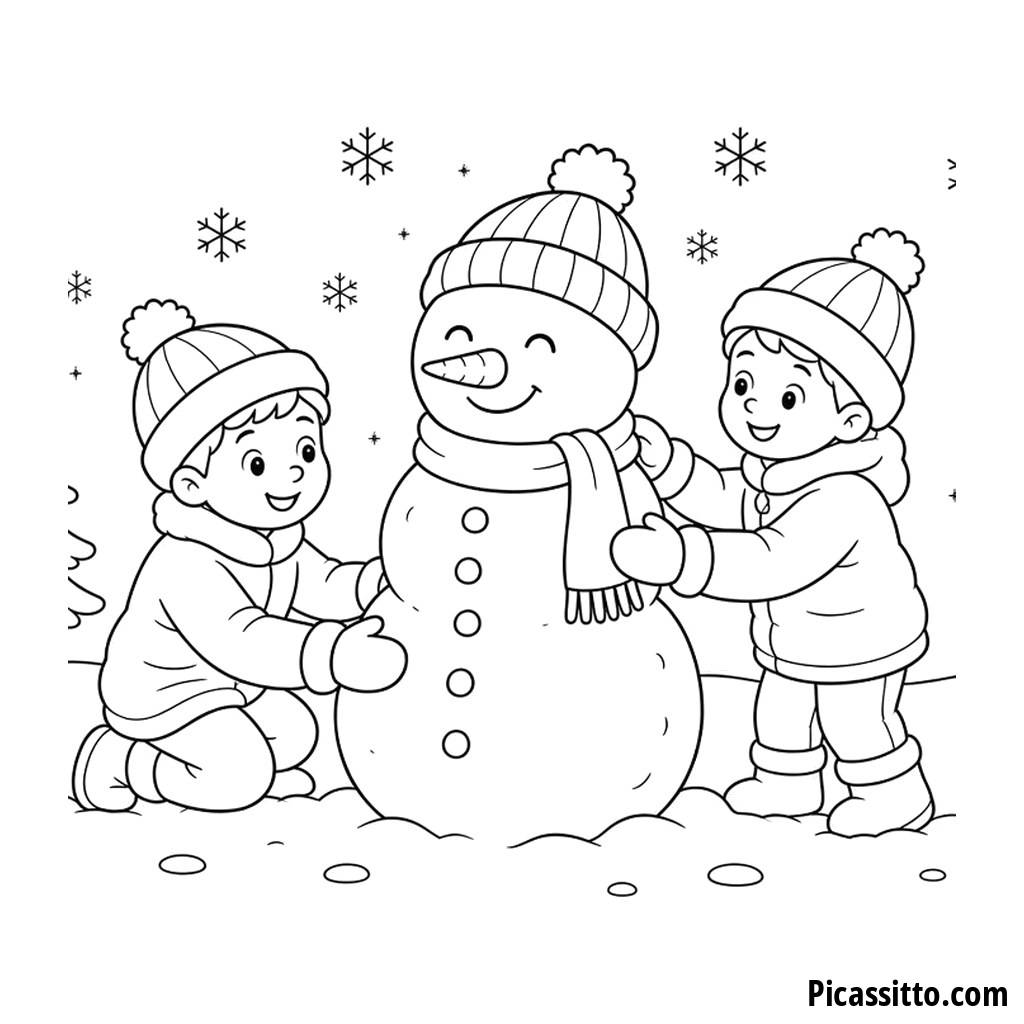 Ausmalbild Kinder bauen einen Schneemann