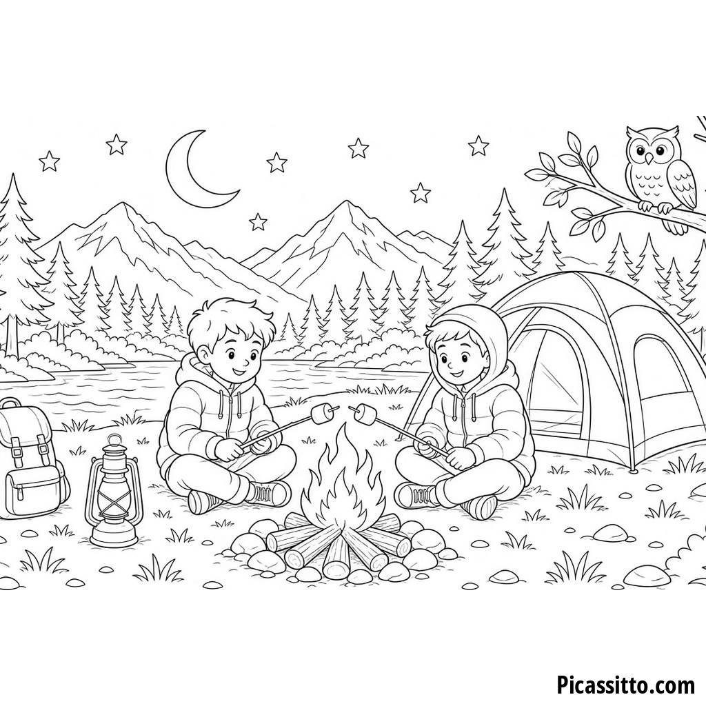Kids Roasting Marshmallows at the Campfire Coloring Page