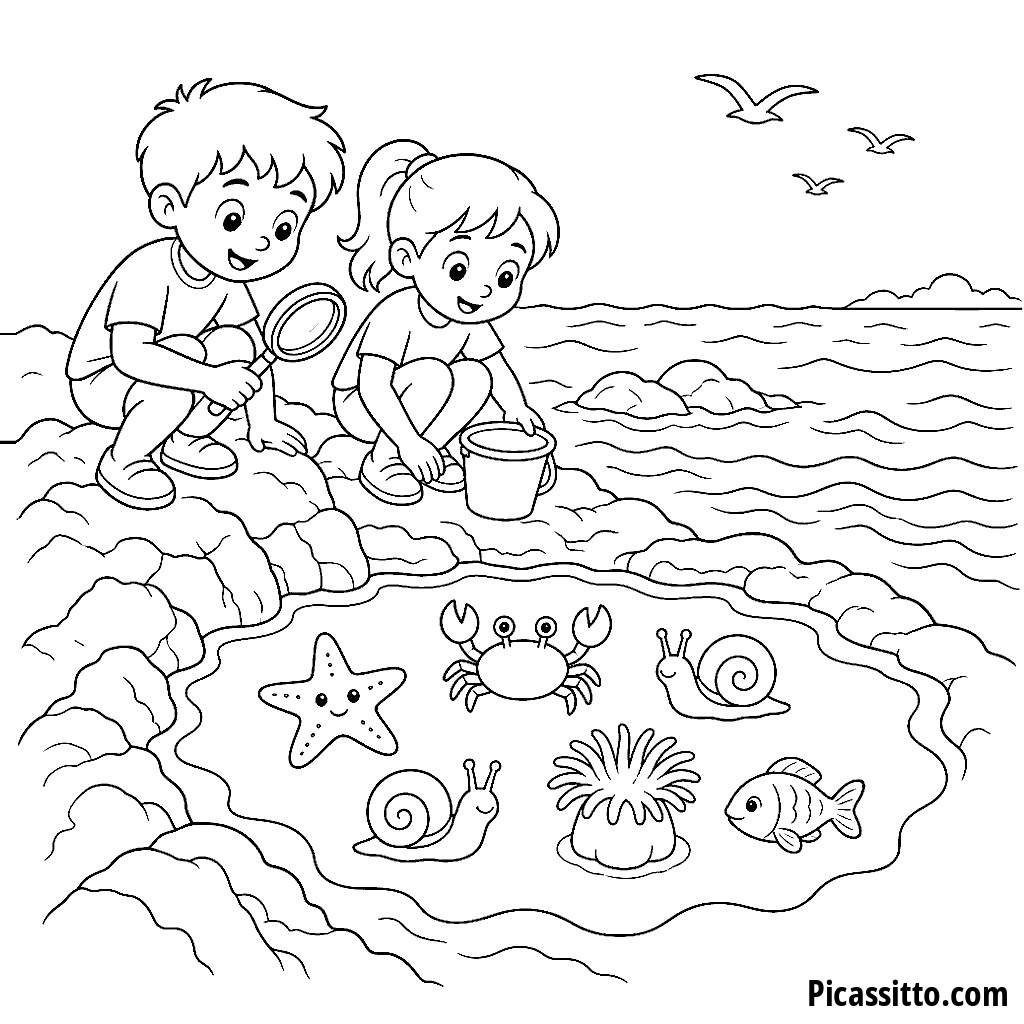 Ausmalbild Kinder erkunden Gezeitentümpel