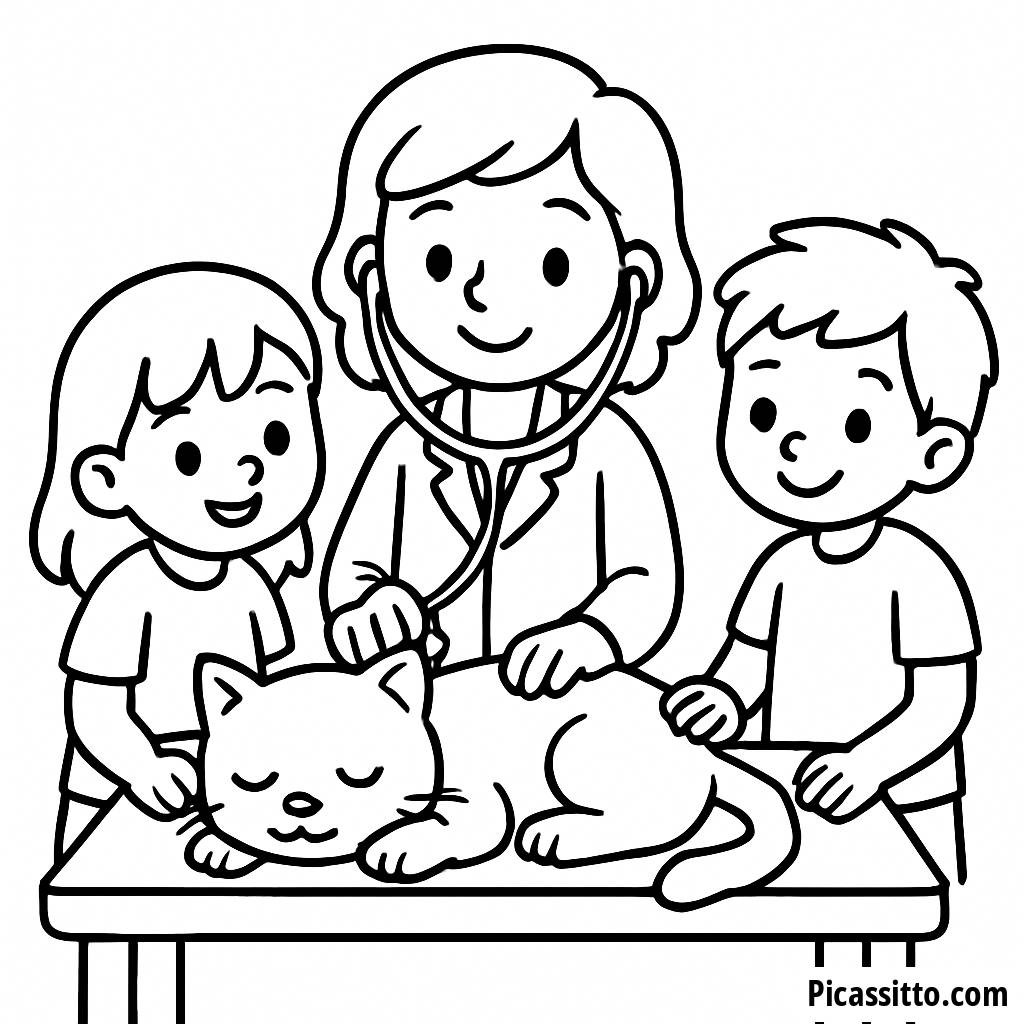 Página para Colorir Crianças Ajudando um Veterinário com um Gato Sonolento