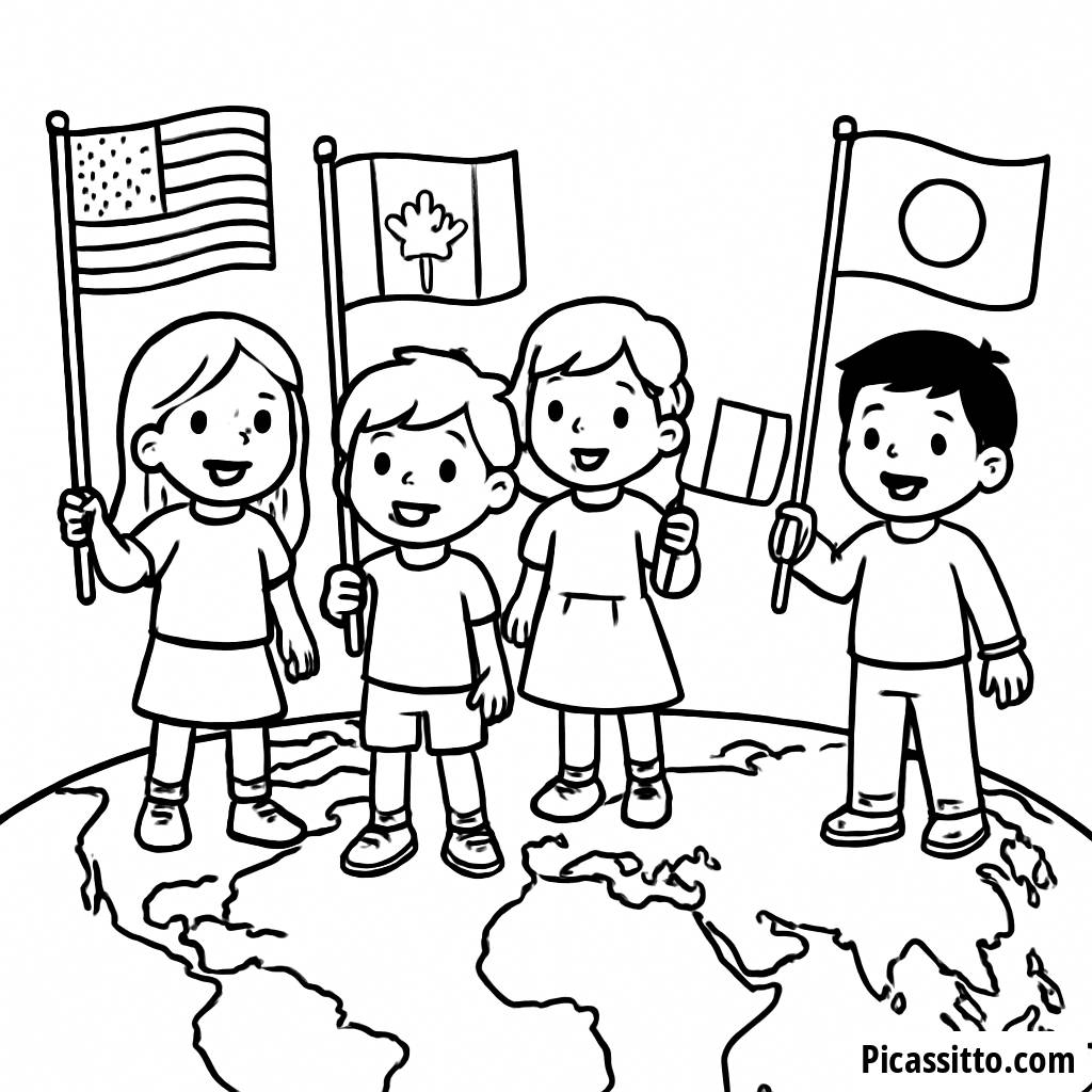Kids Holding National Flags Coloring Page