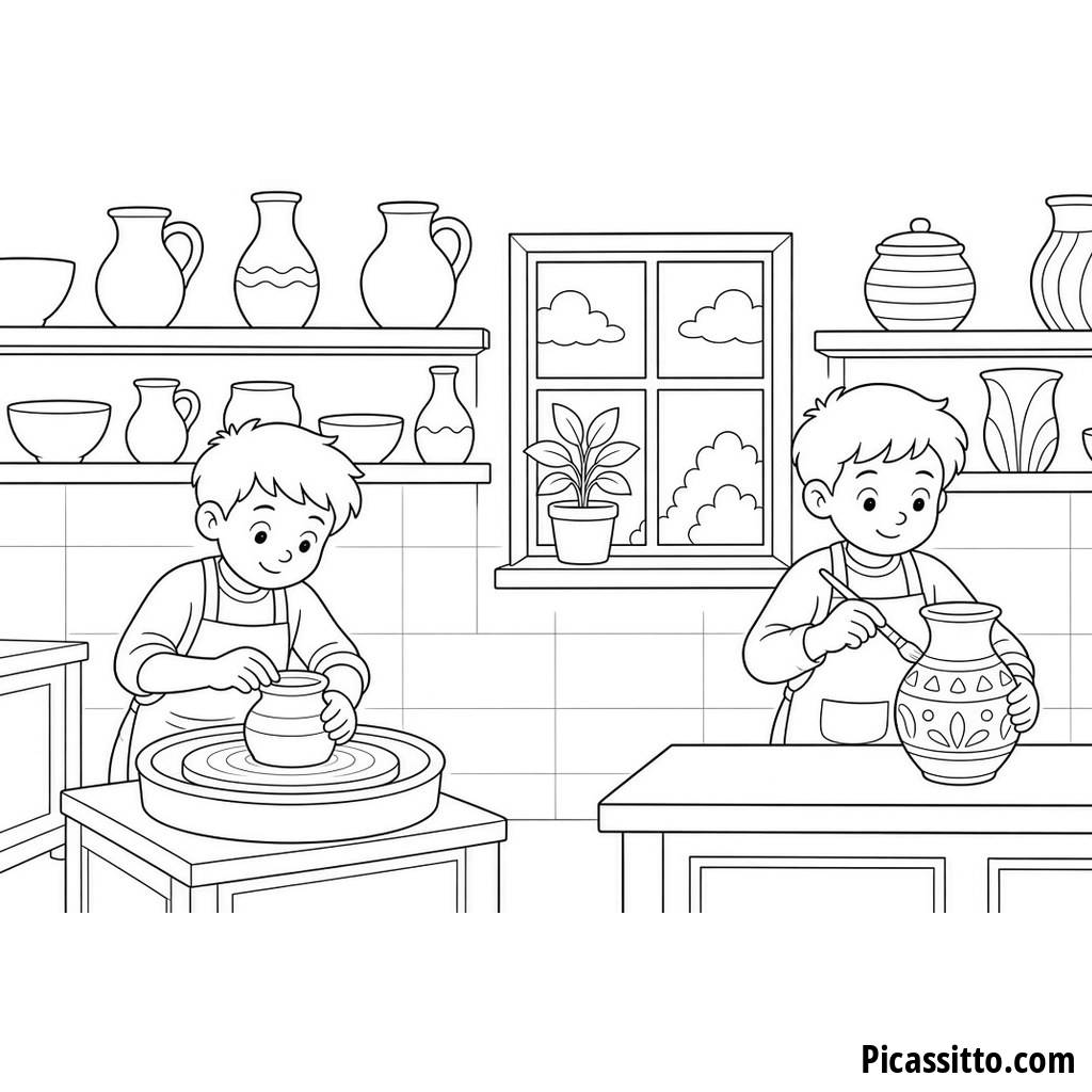 Kids at a Pottery Class Coloring Page
