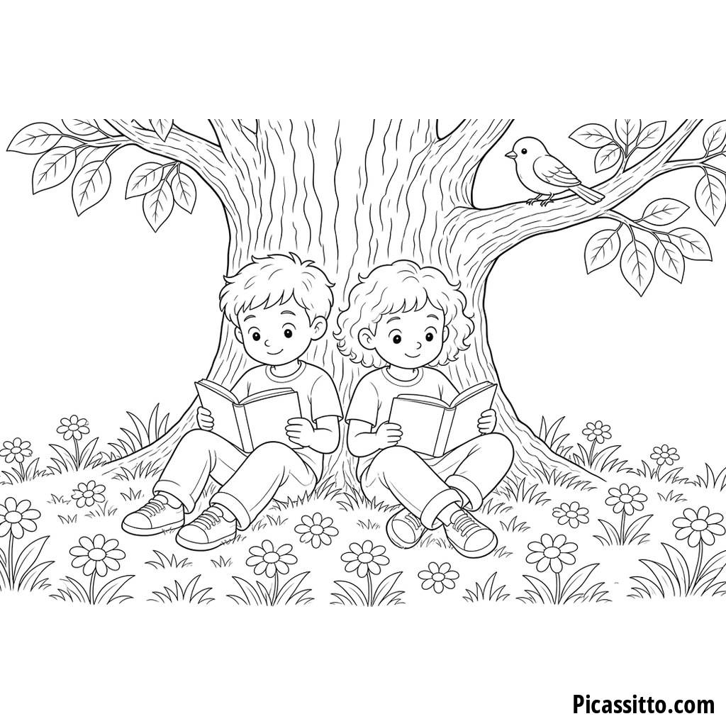 Ausmalbild Kinder lesen unter einem Baum