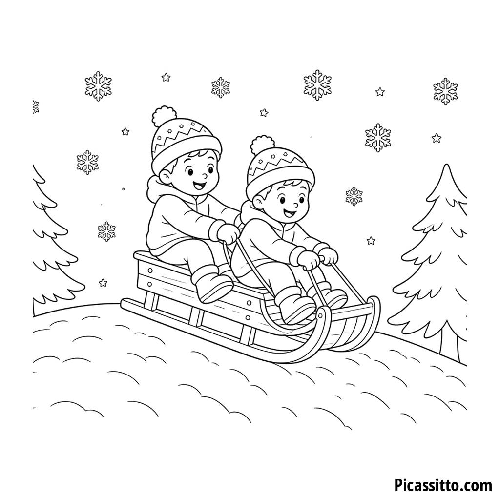 Ausmalbild Kinder rodeln einen Schneehügel hinunter