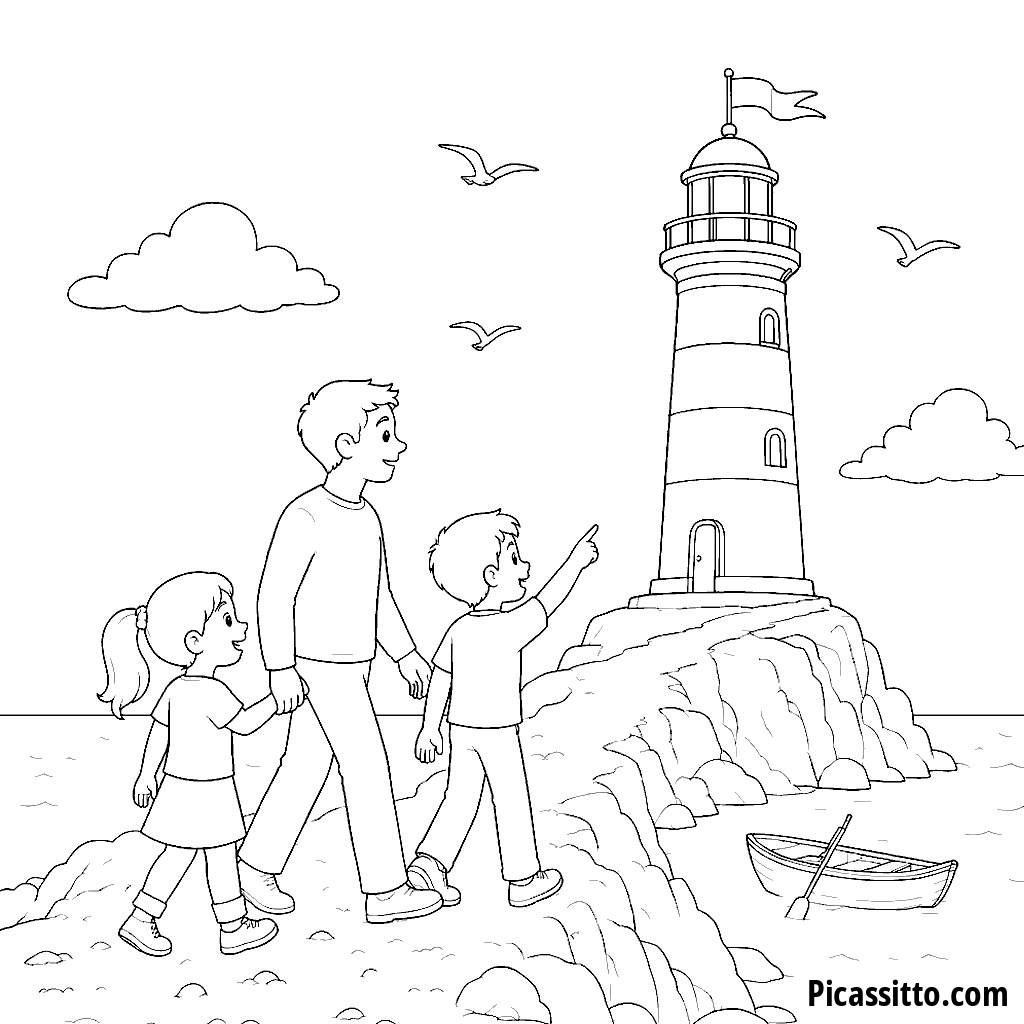 Kids Visiting a Striped Lighthouse by the Sea Coloring Page
