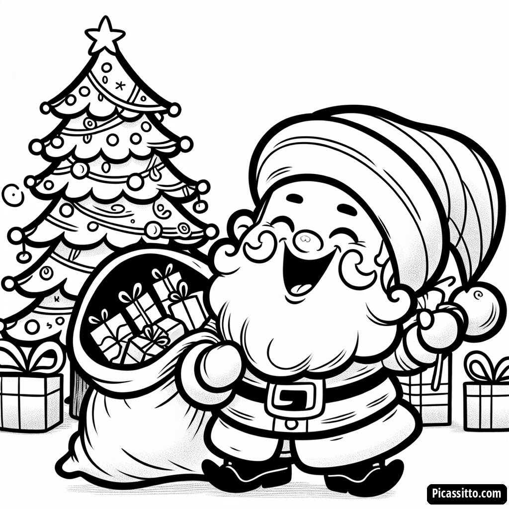 Раскраска с Сантой, Смеющимся и Держущим Мешок Подарков