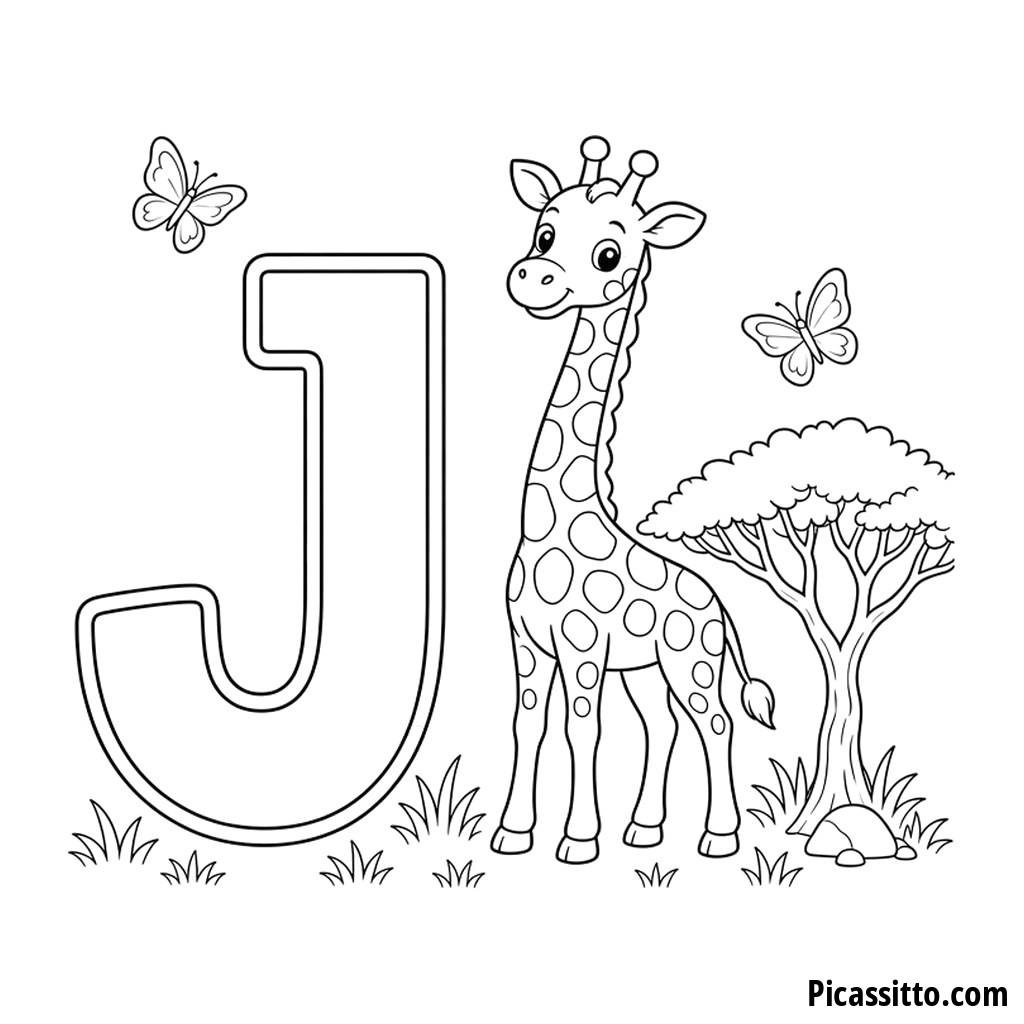 Lettera J da colorare: una giraffa, un'acacia e farfalle