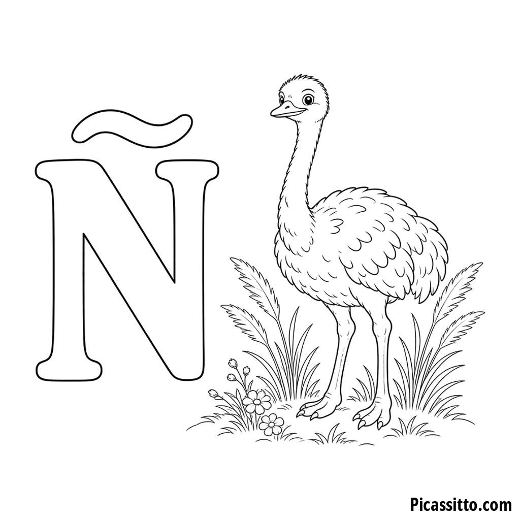 Ausmalbild Buchstabe Ñ: ein Nandu im Pampasgras